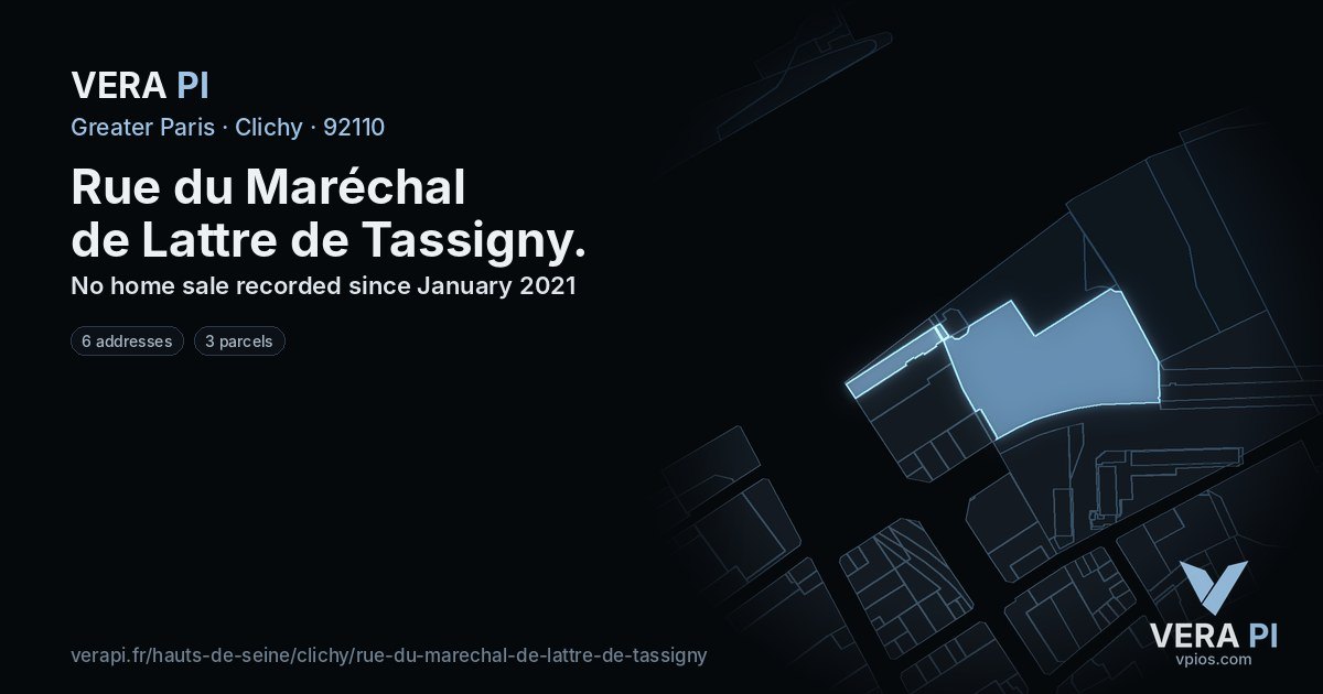 Rue du Maréchal de Lattre de Tassigny, Clichy at night – every parcel coloured by the prices around it, the street's own parcels lit