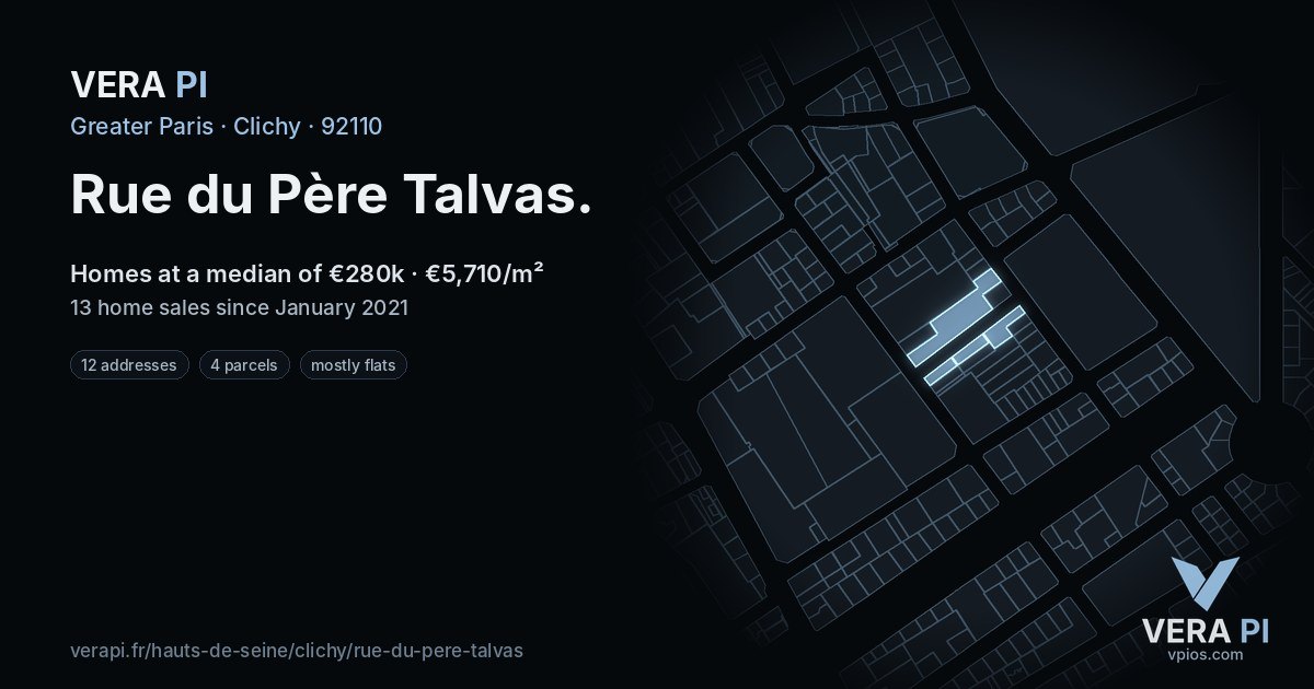 Rue du Père Talvas, Clichy at night – every parcel coloured by the prices around it, the street's own parcels lit