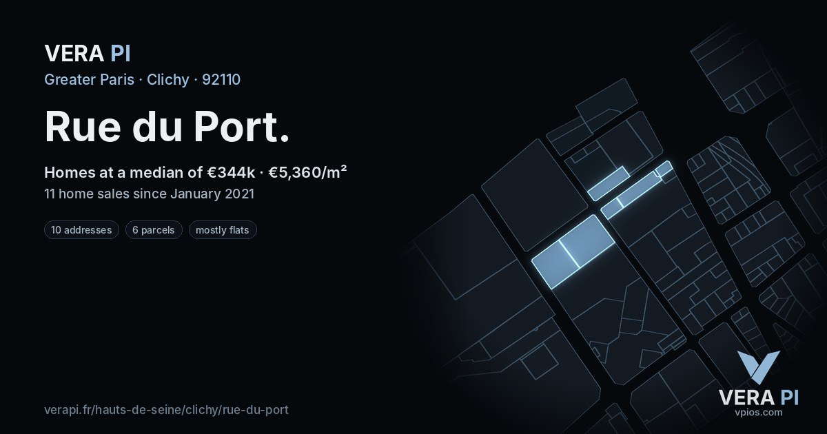 Rue du Port, Clichy at night – every parcel coloured by the prices around it, the street's own parcels lit
