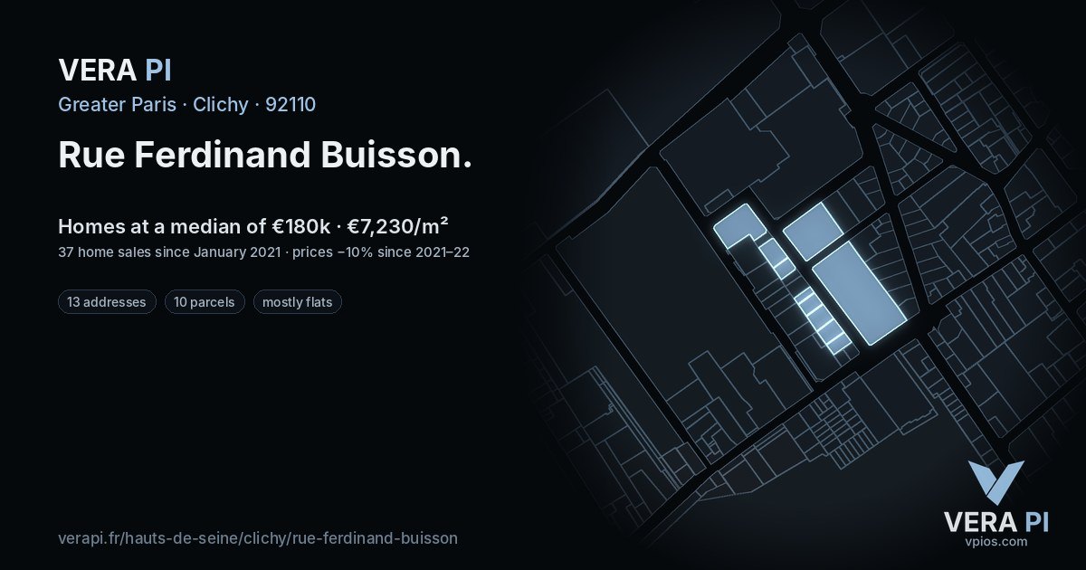 Rue Ferdinand Buisson, Clichy at night – every parcel coloured by the prices around it, the street's own parcels lit