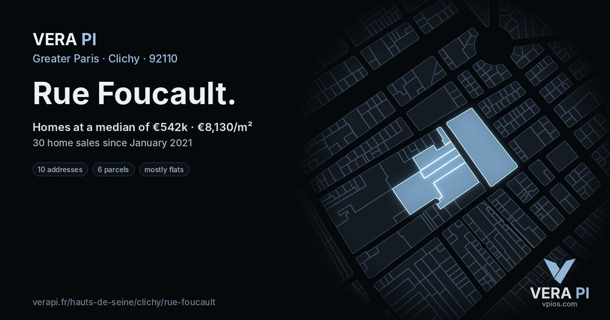 Rue Foucault, Clichy at night – every parcel coloured by the prices around it, the street's own parcels lit