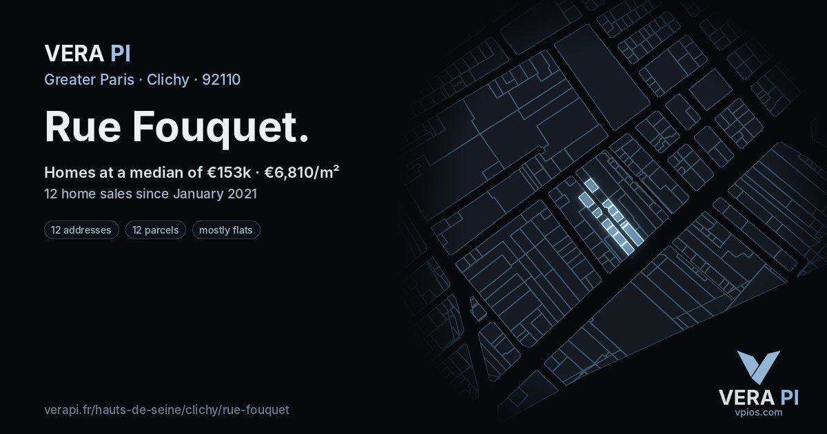 Rue Fouquet, Clichy at night – every parcel coloured by the prices around it, the street's own parcels lit