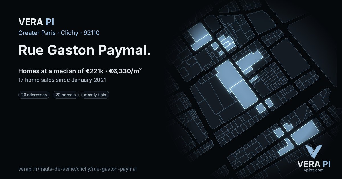 Rue Gaston Paymal, Clichy at night – every parcel coloured by the prices around it, the street's own parcels lit