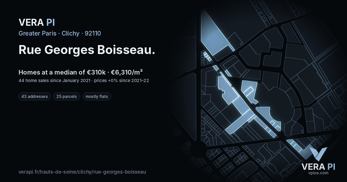 Rue Georges Boisseau, Clichy at night – every parcel coloured by the prices around it, the street's own parcels lit