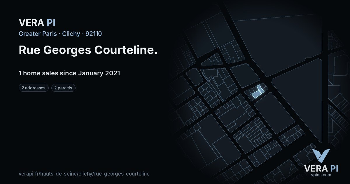 Rue Georges Courteline, Clichy at night – every parcel coloured by the prices around it, the street's own parcels lit