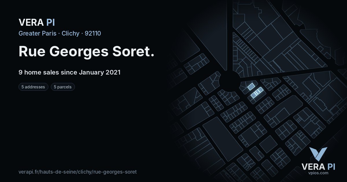 Rue Georges Soret, Clichy at night – every parcel coloured by the prices around it, the street's own parcels lit