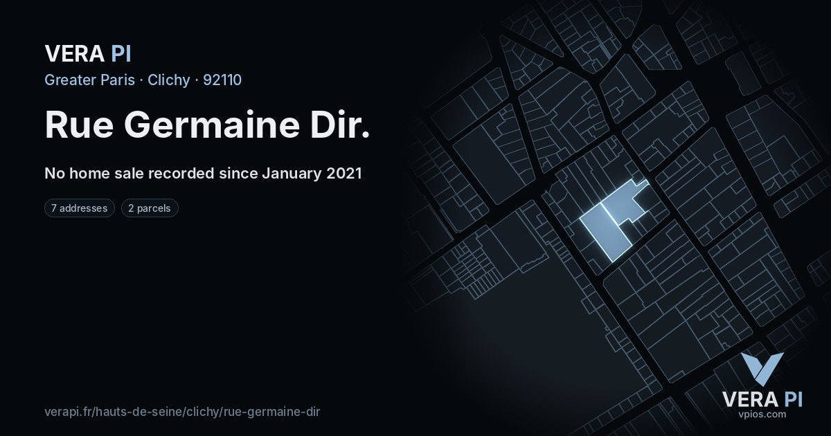 Rue Germaine Dir, Clichy at night – every parcel coloured by the prices around it, the street's own parcels lit