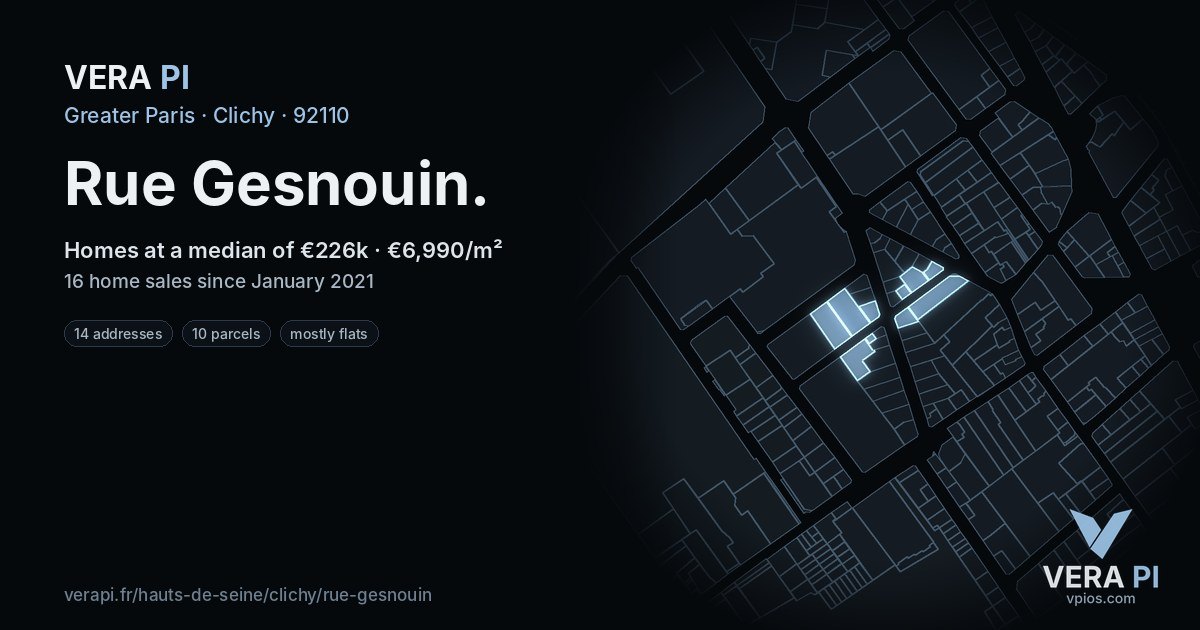 Rue Gesnouin, Clichy at night – every parcel coloured by the prices around it, the street's own parcels lit