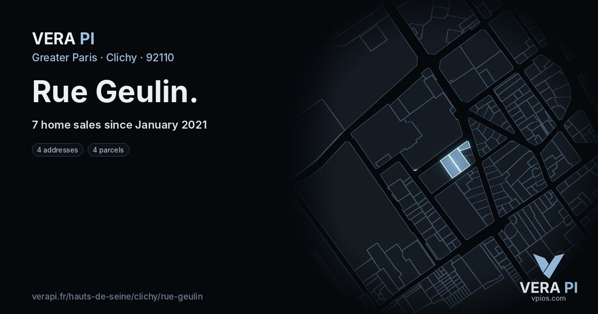 Rue Geulin, Clichy at night – every parcel coloured by the prices around it, the street's own parcels lit