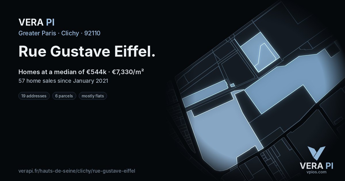 Rue Gustave Eiffel, Clichy at night – every parcel coloured by the prices around it, the street's own parcels lit