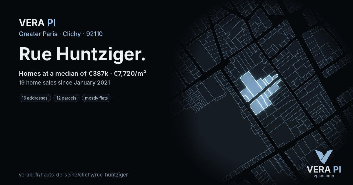 Rue Huntziger, Clichy at night – every parcel coloured by the prices around it, the street's own parcels lit