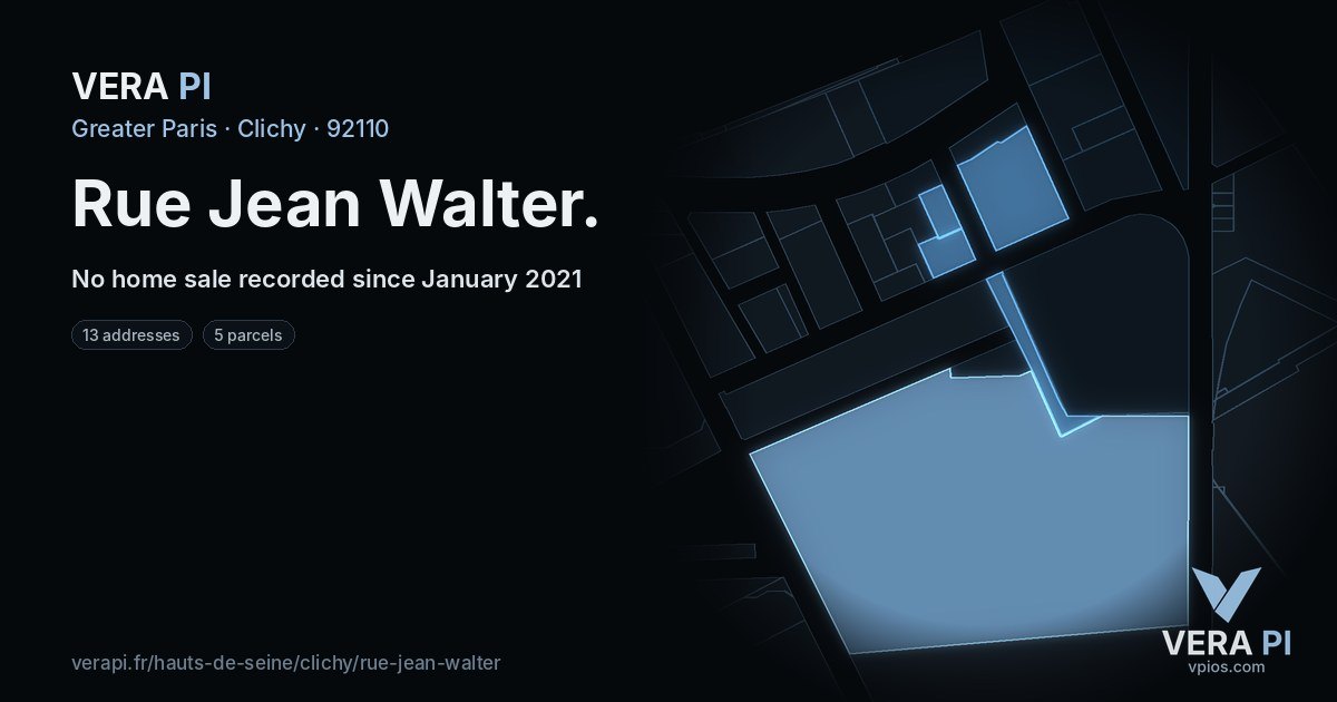 Rue Jean Walter, Clichy at night – every parcel coloured by the prices around it, the street's own parcels lit