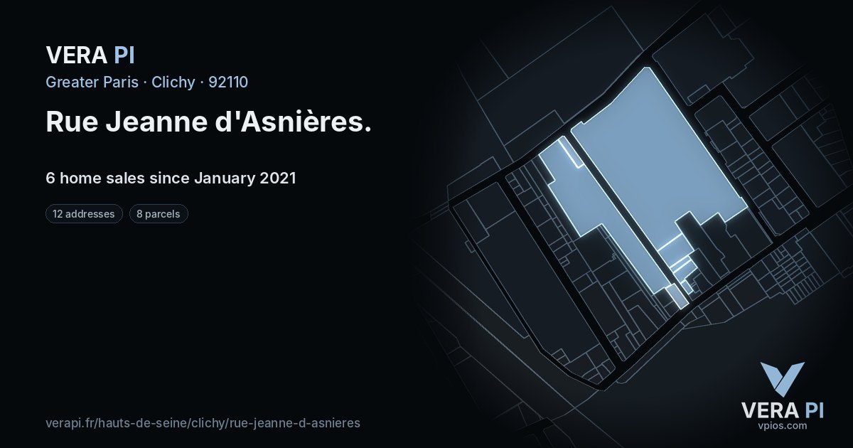 Rue Jeanne d'Asnières, Clichy at night – every parcel coloured by the prices around it, the street's own parcels lit