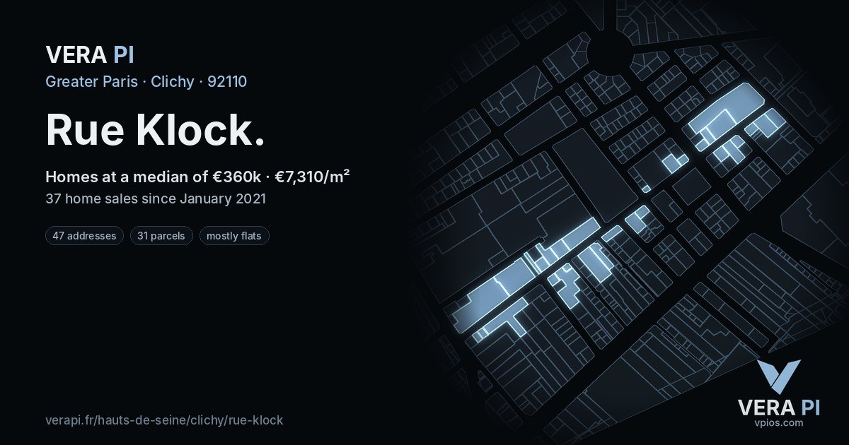 Rue Klock, Clichy at night – every parcel coloured by the prices around it, the street's own parcels lit