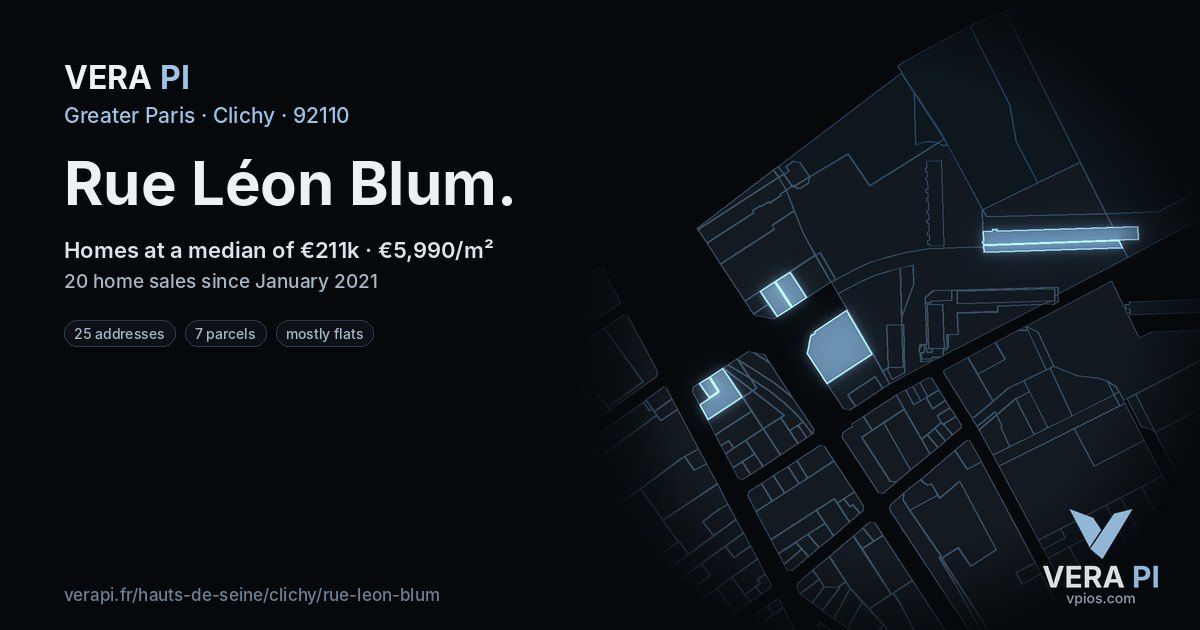 Rue Léon Blum, Clichy at night – every parcel coloured by the prices around it, the street's own parcels lit