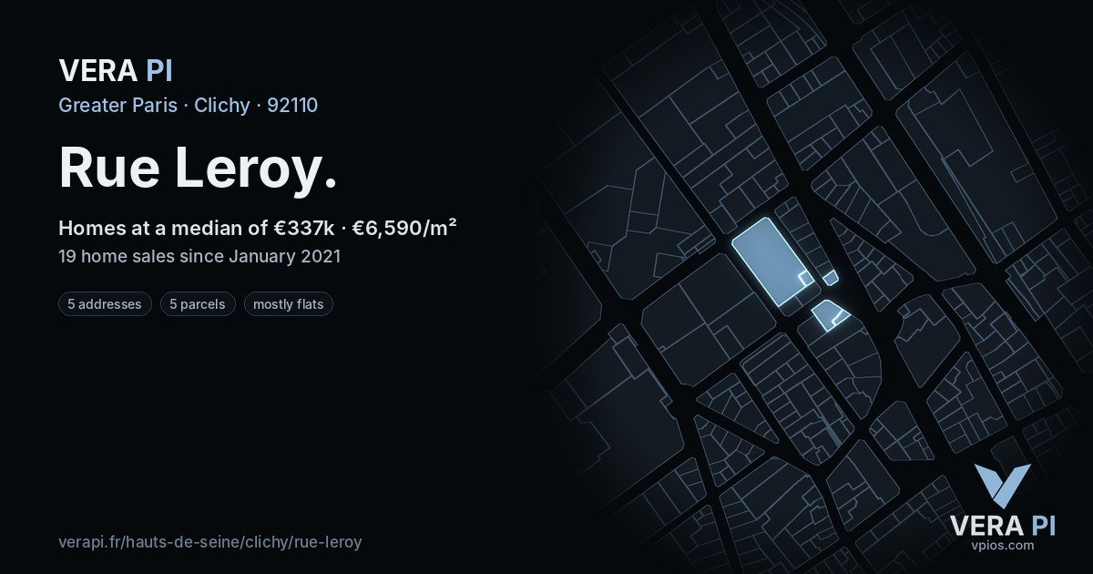 Rue Leroy, Clichy at night – every parcel coloured by the prices around it, the street's own parcels lit