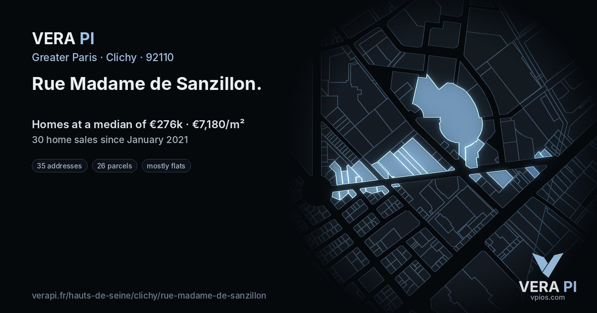 Rue Madame de Sanzillon, Clichy at night – every parcel coloured by the prices around it, the street's own parcels lit