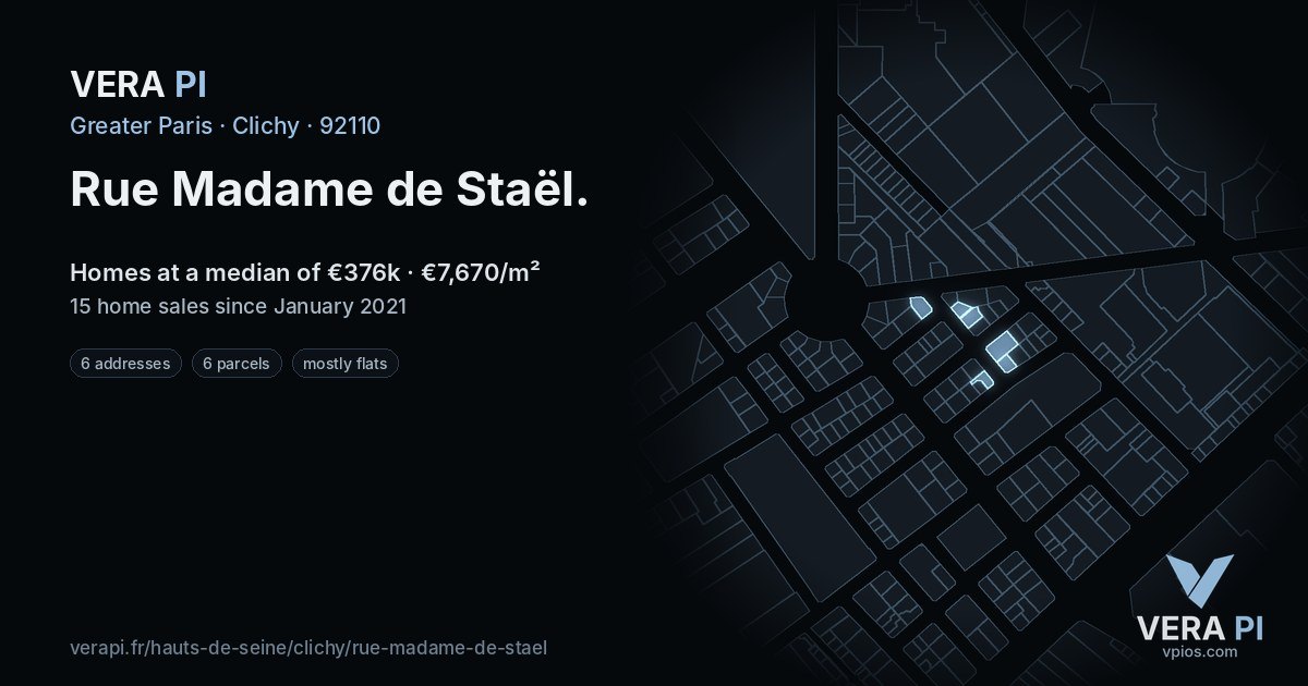 Rue Madame de Staël, Clichy at night – every parcel coloured by the prices around it, the street's own parcels lit