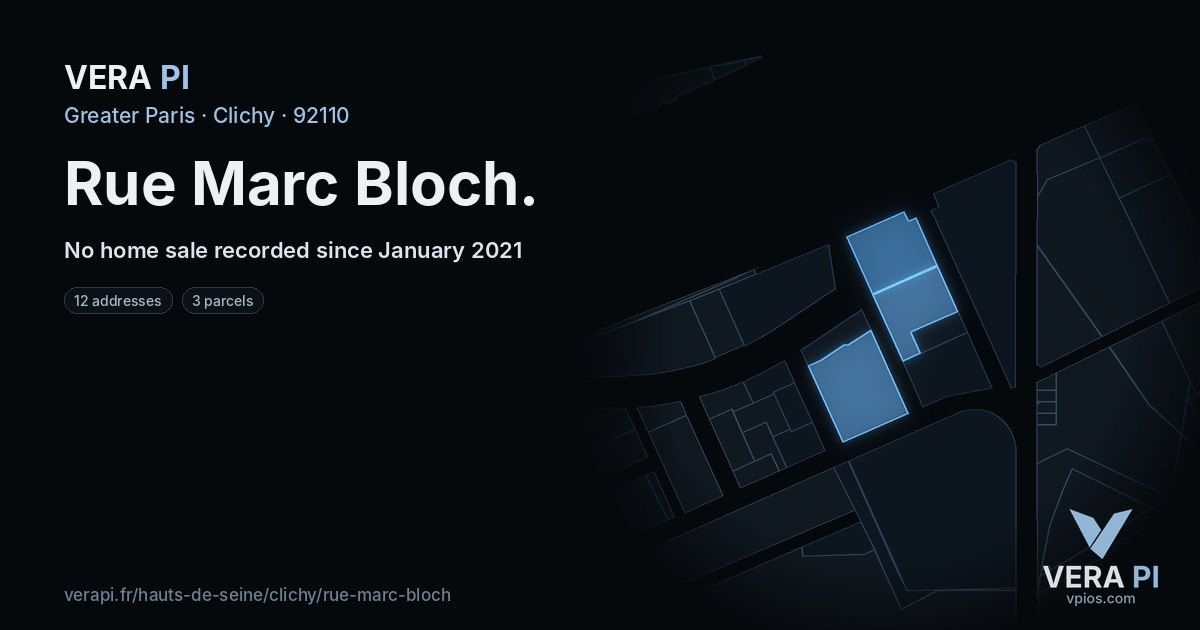 Rue Marc Bloch, Clichy at night – every parcel coloured by the prices around it, the street's own parcels lit