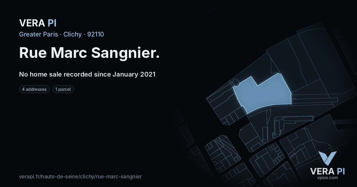 Rue Marc Sangnier, Clichy at night – every parcel coloured by the prices around it, the street's own parcels lit
