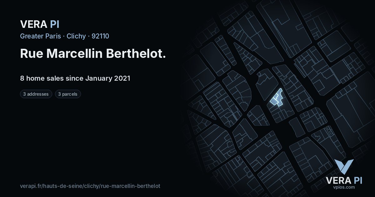 Rue Marcellin Berthelot, Clichy at night – every parcel coloured by the prices around it, the street's own parcels lit