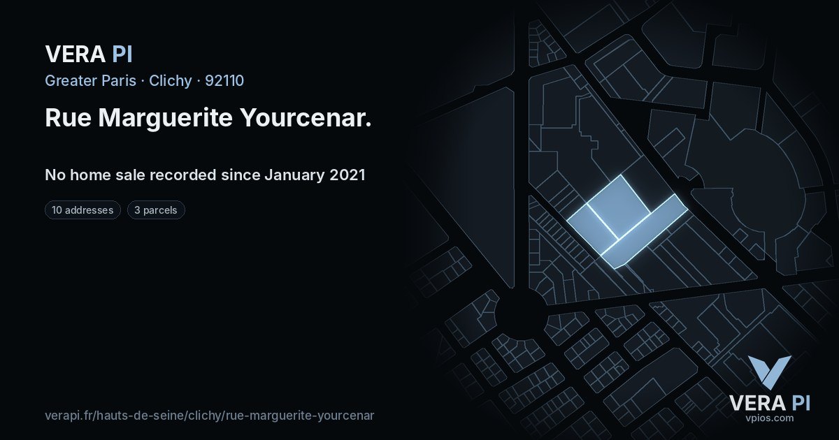 Rue Marguerite Yourcenar, Clichy at night – every parcel coloured by the prices around it, the street's own parcels lit