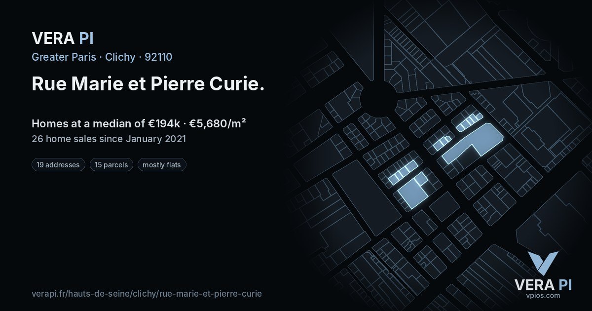 Rue Marie et Pierre Curie, Clichy at night – every parcel coloured by the prices around it, the street's own parcels lit