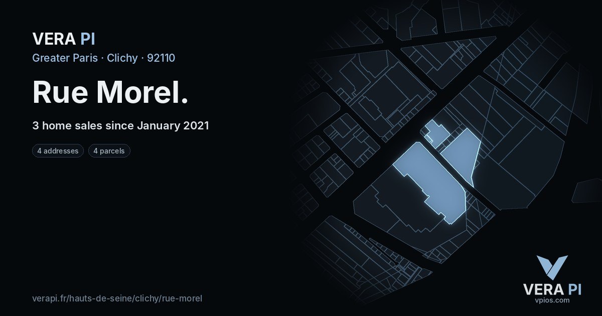 Rue Morel, Clichy at night – every parcel coloured by the prices around it, the street's own parcels lit