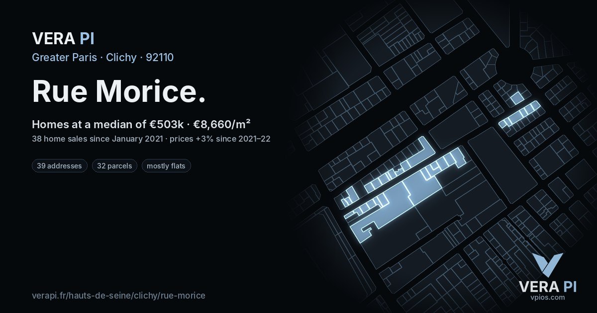 Rue Morice, Clichy at night – every parcel coloured by the prices around it, the street's own parcels lit