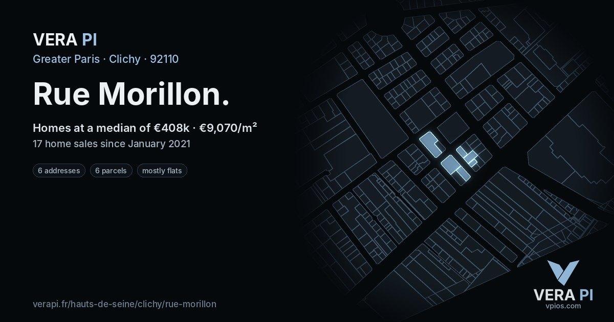 Rue Morillon, Clichy at night – every parcel coloured by the prices around it, the street's own parcels lit