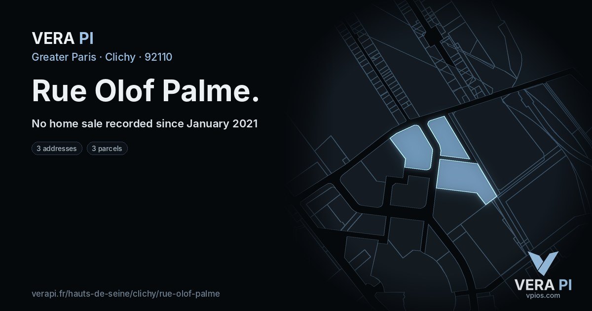 Rue Olof Palme, Clichy at night – every parcel coloured by the prices around it, the street's own parcels lit