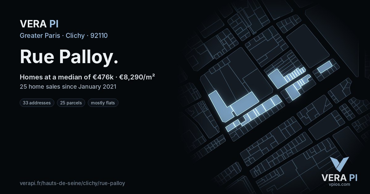 Rue Palloy, Clichy at night – every parcel coloured by the prices around it, the street's own parcels lit