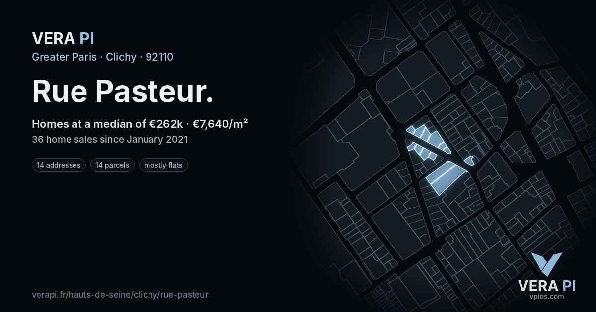 Rue Pasteur, Clichy at night – every parcel coloured by the prices around it, the street's own parcels lit