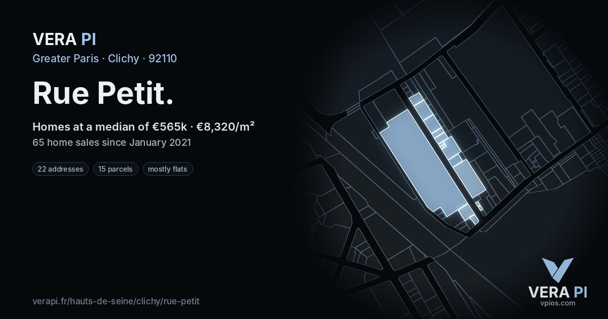 Rue Petit, Clichy at night – every parcel coloured by the prices around it, the street's own parcels lit