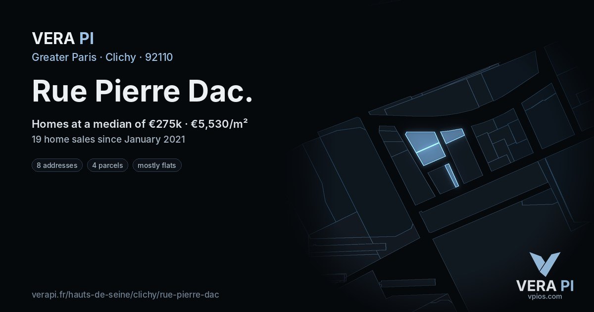 Rue Pierre Dac, Clichy at night – every parcel coloured by the prices around it, the street's own parcels lit
