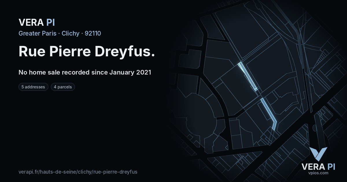 Rue Pierre Dreyfus, Clichy at night – every parcel coloured by the prices around it, the street's own parcels lit