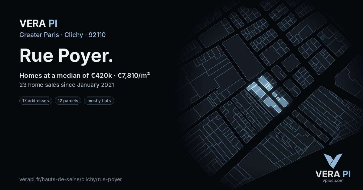 Rue Poyer, Clichy at night – every parcel coloured by the prices around it, the street's own parcels lit