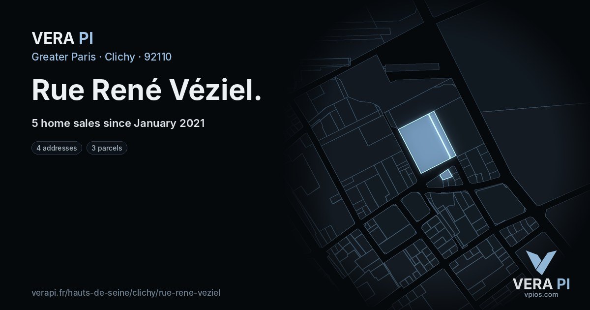Rue René Véziel, Clichy at night – every parcel coloured by the prices around it, the street's own parcels lit