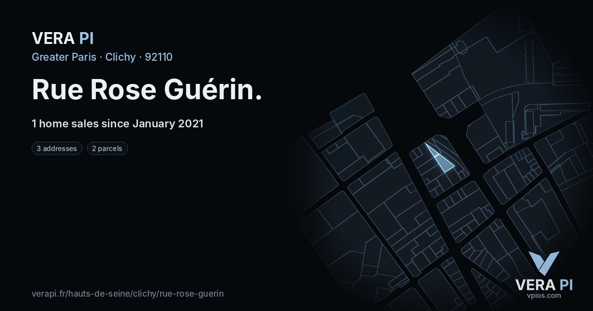 Rue Rose Guérin, Clichy at night – every parcel coloured by the prices around it, the street's own parcels lit