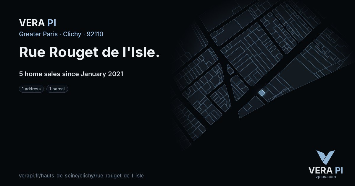 Rue Rouget de l'Isle, Clichy at night – every parcel coloured by the prices around it, the street's own parcels lit