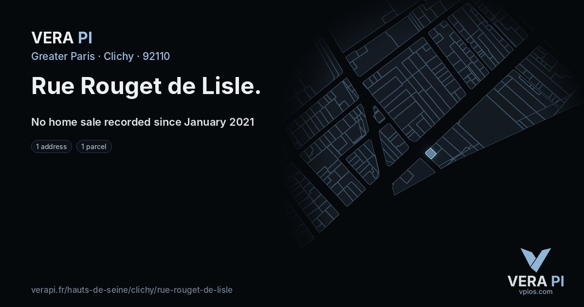 Rue Rouget de Lisle, Clichy at night – every parcel coloured by the prices around it, the street's own parcels lit