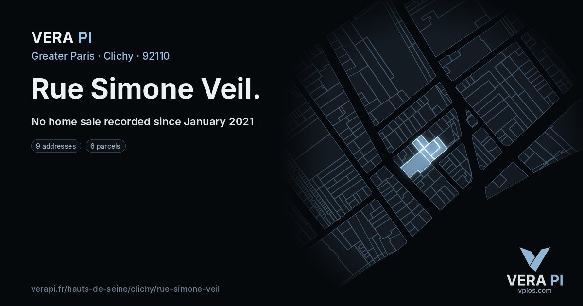 Rue Simone Veil, Clichy at night – every parcel coloured by the prices around it, the street's own parcels lit