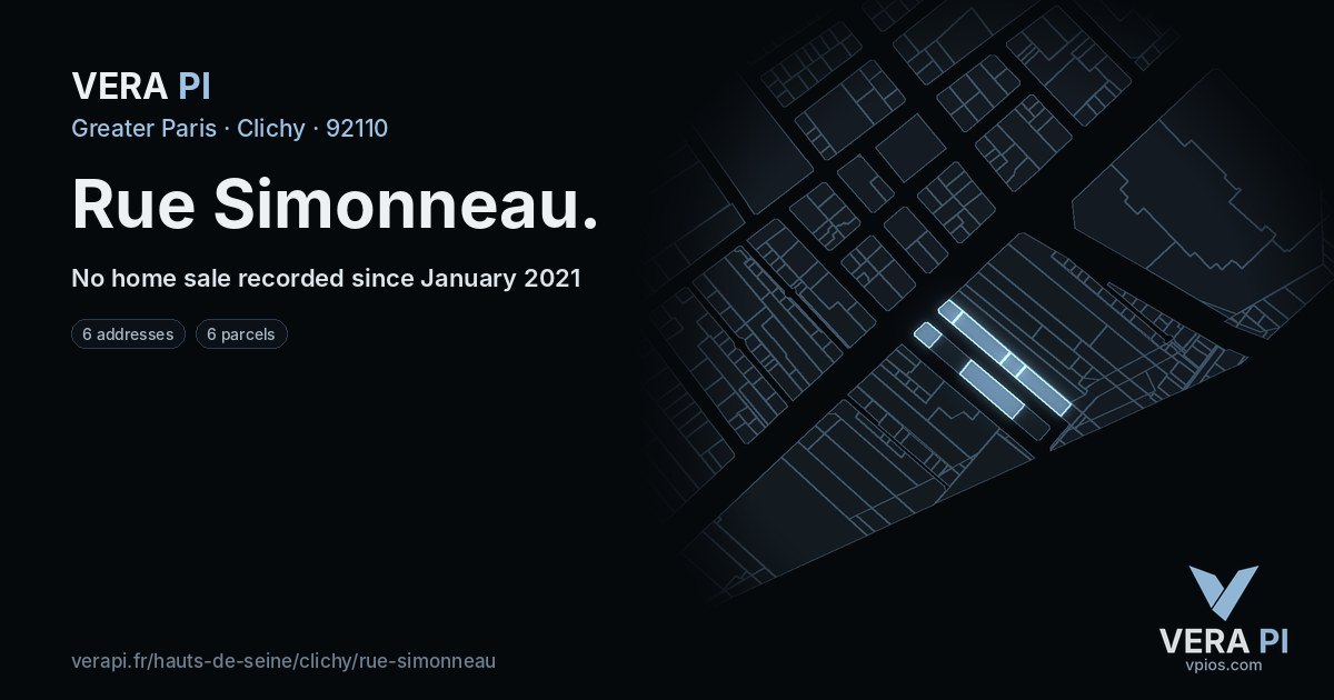 Rue Simonneau, Clichy at night – every parcel coloured by the prices around it, the street's own parcels lit