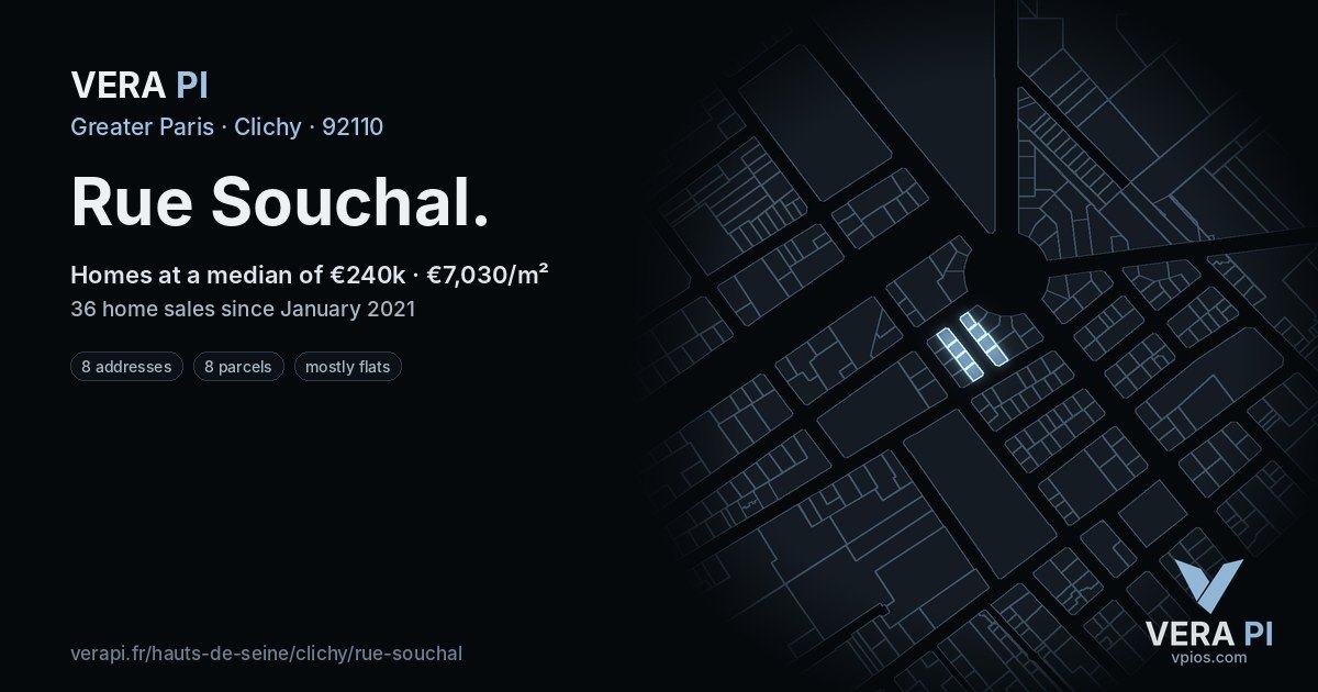 Rue Souchal, Clichy at night – every parcel coloured by the prices around it, the street's own parcels lit