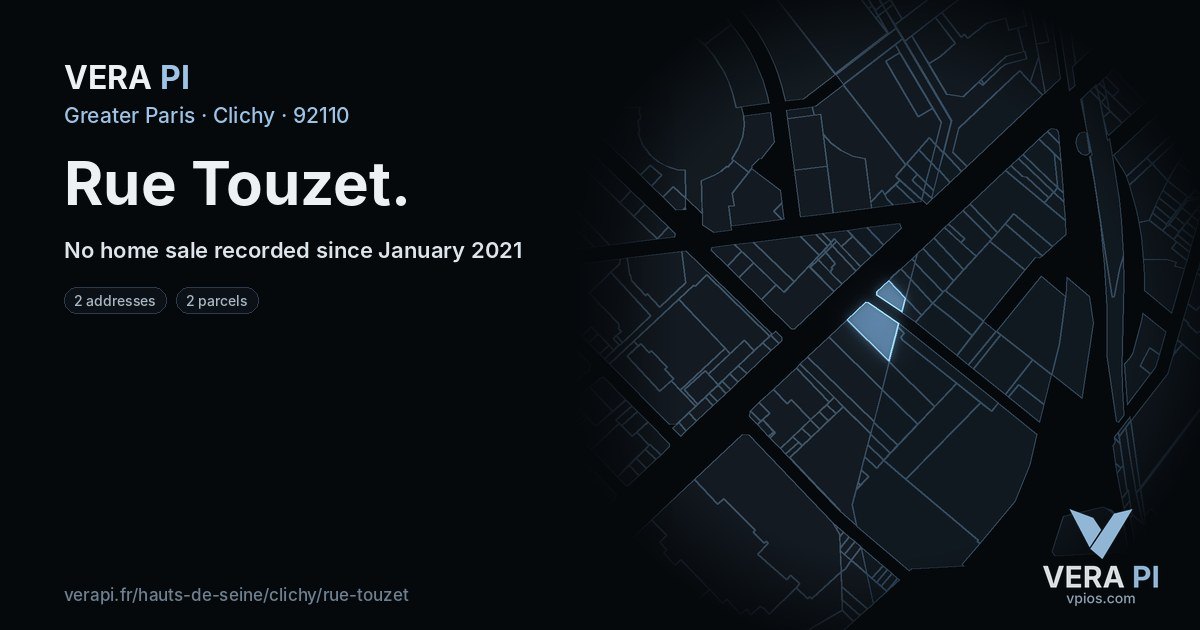 Rue Touzet, Clichy at night – every parcel coloured by the prices around it, the street's own parcels lit
