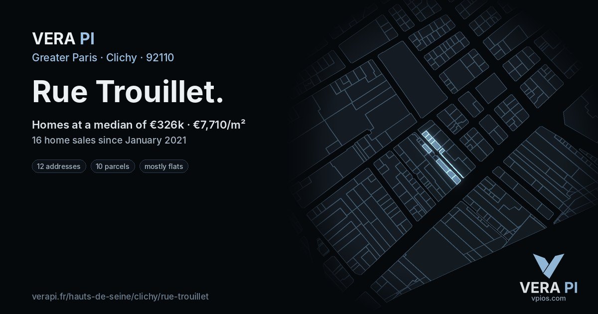 Rue Trouillet, Clichy at night – every parcel coloured by the prices around it, the street's own parcels lit