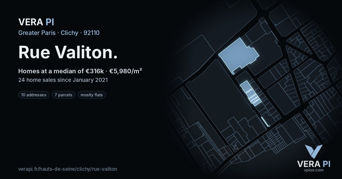 Rue Valiton, Clichy at night – every parcel coloured by the prices around it, the street's own parcels lit