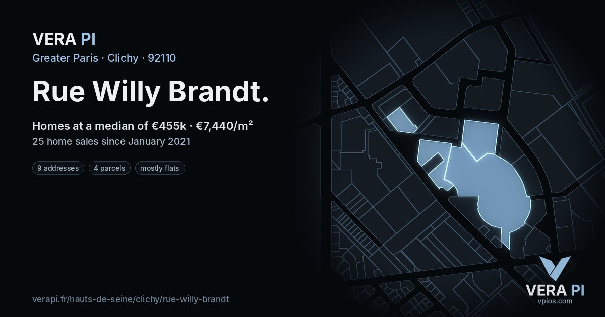 Rue Willy Brandt, Clichy at night – every parcel coloured by the prices around it, the street's own parcels lit