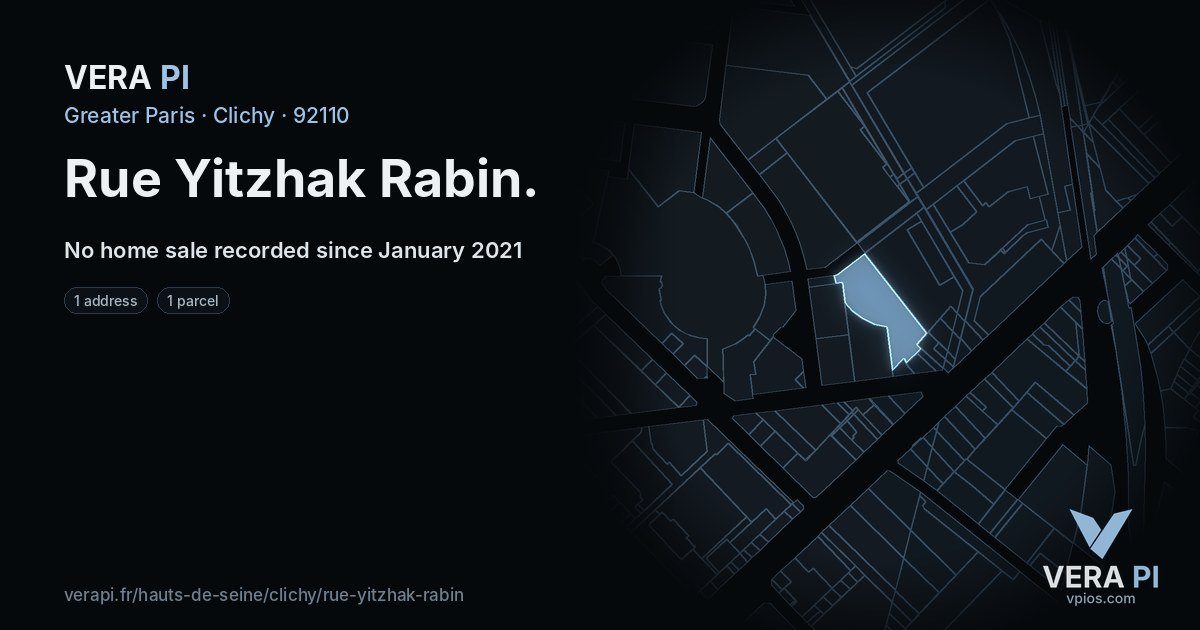 Rue Yitzhak Rabin, Clichy at night – every parcel coloured by the prices around it, the street's own parcels lit