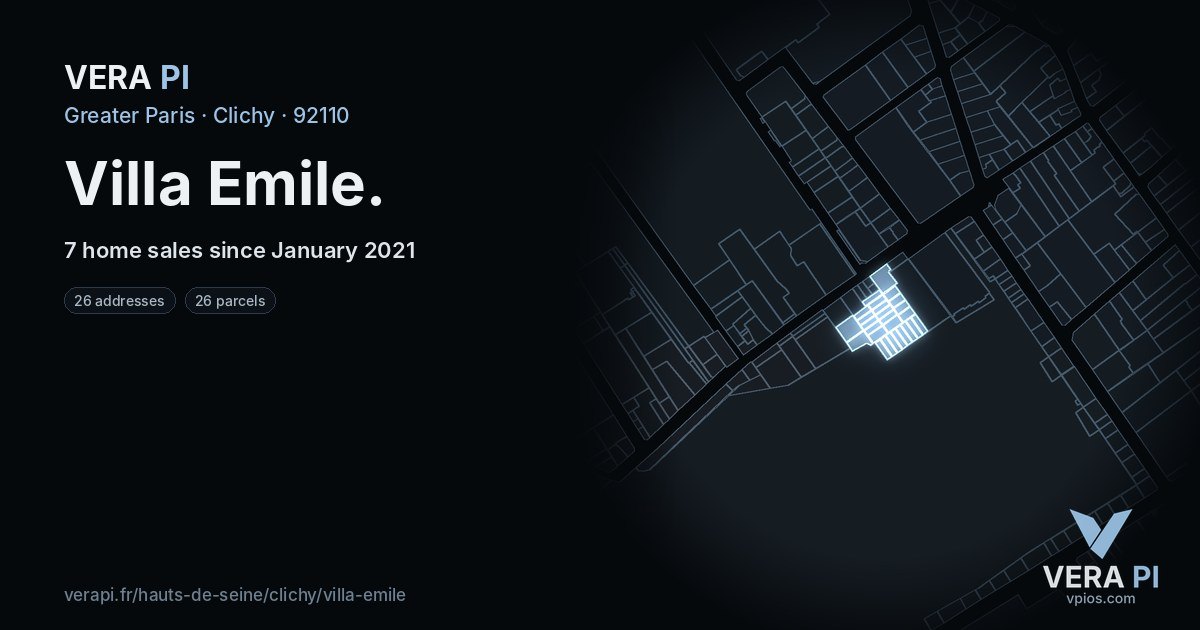 Villa Emile, Clichy at night – every parcel coloured by the prices around it, the street's own parcels lit